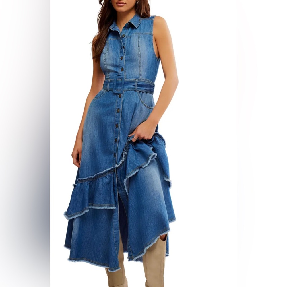 Free People Blue Denim Sleeveless Maxi Dress with Ruffle Detail - Picture 2 of 7